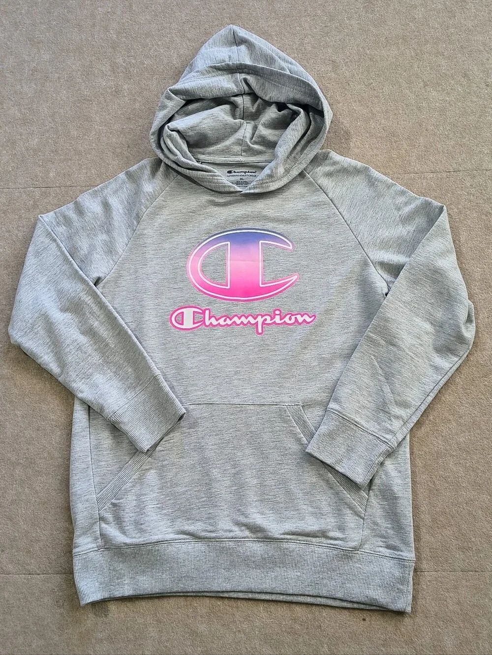 Champion Youth Girls Heather Gray Hoodie with Pink–Purple Ombre Logo Long Sleeve